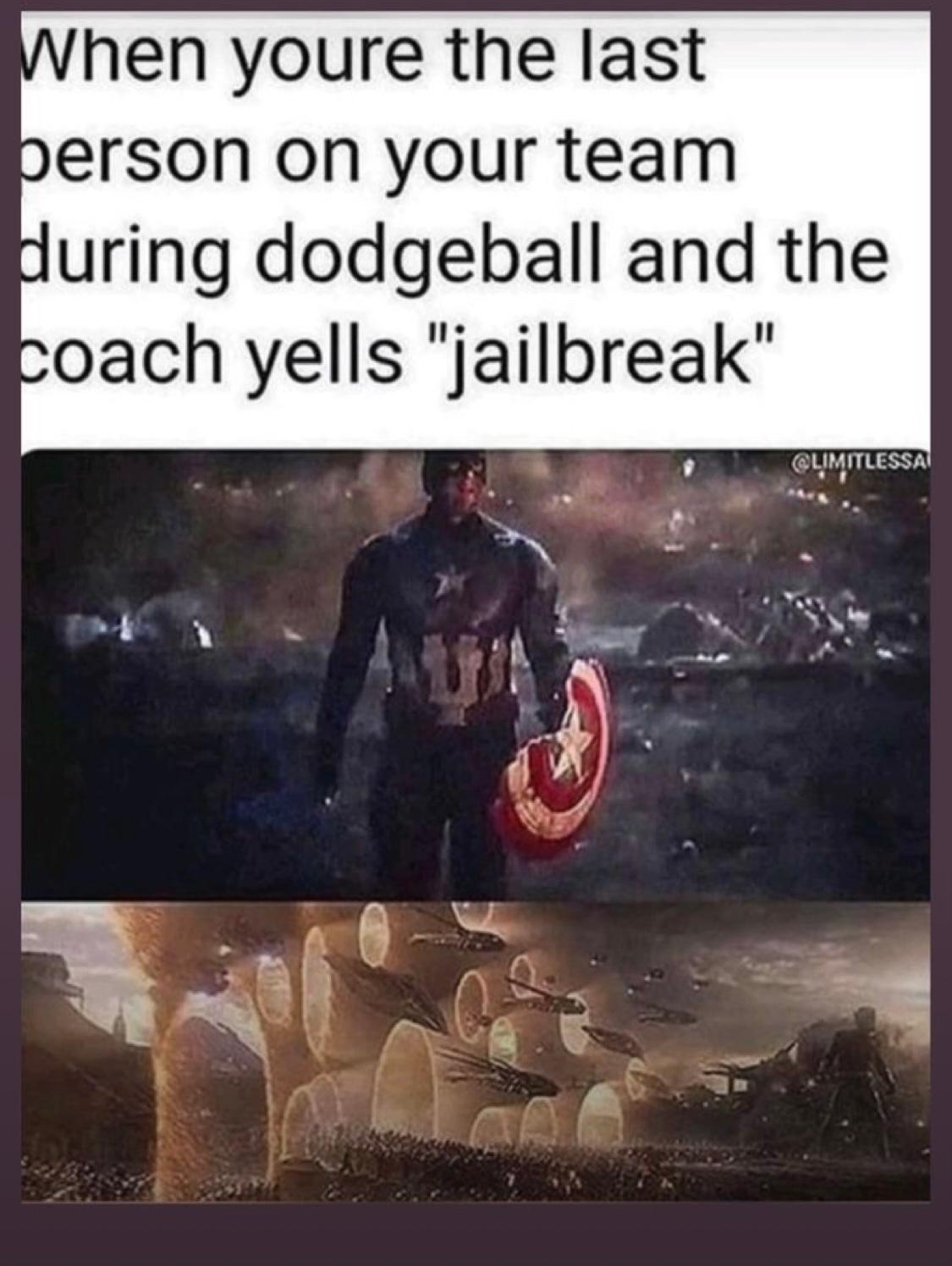 A two-part image. The top part shows Captain America standing on a battlefield looking determined. The bottom part shows a large number of portals opening up, with figures emerging from them. The text above the image reads: "When youre the last person on your team during dodgeball and the coach yells "jailbreak"."