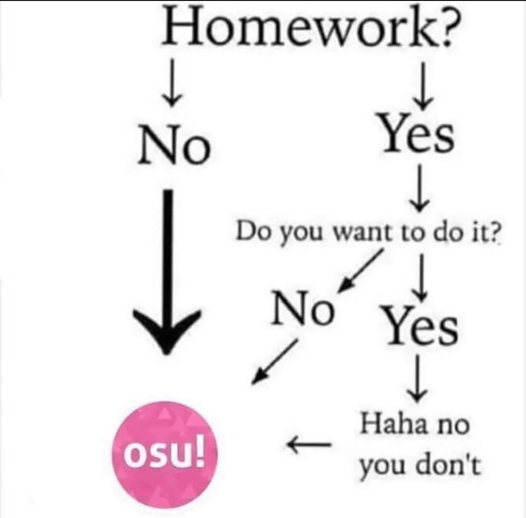 Homework?
↓
No
osu!
↓
Yes
Do you want to do it?
/1
No Yes
↓
Haha no
you don't