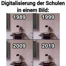 Das Bild zeigt vier kleine Bilder in einer 2x2 Matrix, die jeweils einen Schreibtisch mit einem Overheadprojektor aufzeigen. Die Bilder sind mit den Jahreszahlen 1989, 1999, 2009 und 2019 beschriftet. Es steht der Text "Digitalisierung der Schulen in einem Bild" über den Bildern.