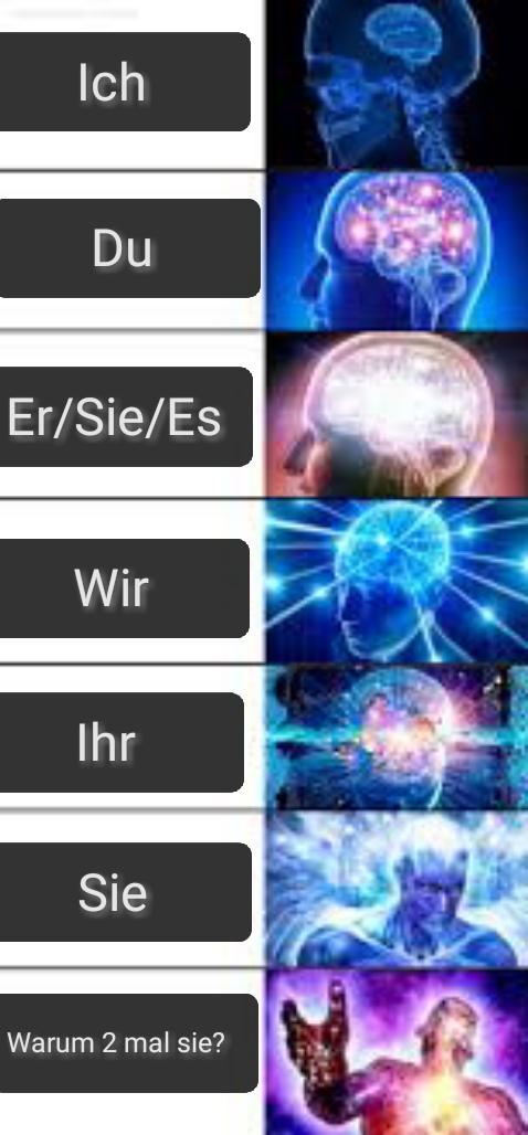 Ich
Du
Er/Sie/Es
Wir
Ihr
Sie
Warum 2 mal sie?