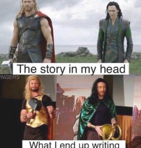 Oben sind Thor und Loki in ihrem Film-Look. Darunter sind Thor und Loki bei einem Treffen der Darsteller zu sehen. Auf dem Bild steht: "The story in my head" und "What I end up writing".