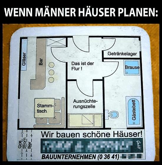 WENN MÄNNER HÄUSER PLANEN:
Gläser
11
Gas
Strom
Bler
TIA
Bar
Stamm-
tisch
Das ist der
Flur !
Ausnüchte-
rungszelle
Getränkelager
Brause
BAUUNTERNEHMEN (0 36 41)
Gästebett
Wir bauen schöne Häuser!
GmbH