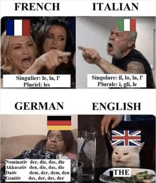 FRENCH
Singulier: le, la, l'
Pluriel: les
GERMAN
05
Nominativ der, die, das, die
Akkusativ den, die, das, die
Dativ
dem, der, dem, den
Genitiv des, der, des, der
ITALIAN
Singolare: il, lo, la, l'
Plurale: i, gli, le
ENGLISH
米
THE