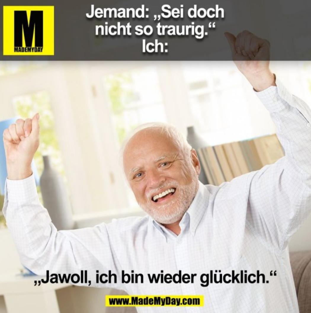 M
MADEMYDAY
Jemand: ,,Sei doch
nicht so traurig."
Ich:
,,Jawoll, ich bin wieder glücklich."
www.MadeMyDay.com