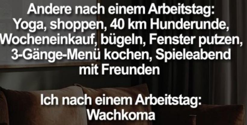 Andere nach einem Arbeitstag:
Yoga, shoppen, 40 km Hunderunde,
Wocheneinkauf, bügeln, Fenster putzen,
3-Gänge-Menü kochen, Spieleabend
mit Freunden
Ich nach einem Arbeitstag:
Wachkoma