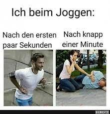 Das Bild zeigt einen Vergleich von zwei Momenten beim Joggen. Links ist ein Mann zu sehen, der gerade mit dem Joggen begonnen hat und voller Energie wirkt. Rechts ist ein Mann am Boden liegend zu sehen, während eine Frau sich besorgt um ihn kümmert und telefoniert. Der Text auf dem Bild lautet "Ich beim Joggen: Nach den ersten paar Sekunden. Nach knapp einer Minute."