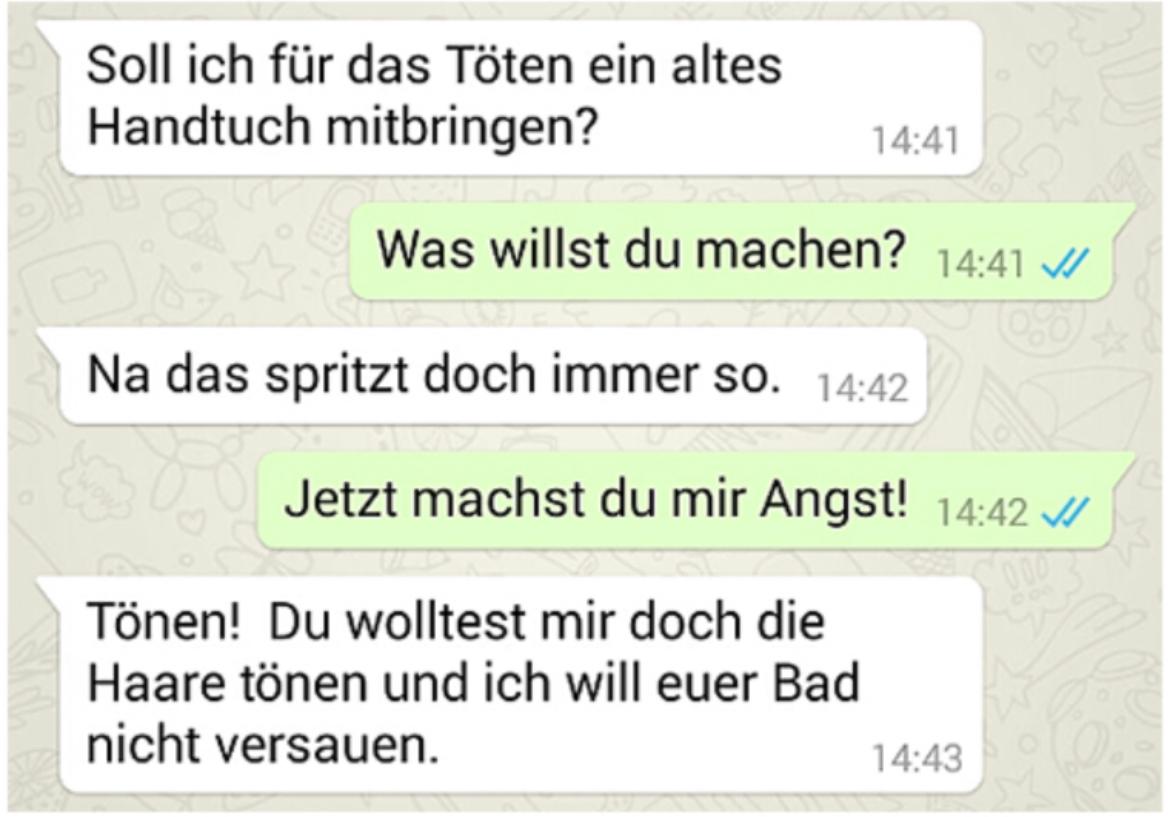 Soll ich für das Töten ein altes
Handtuch mitbringen?
14:41
Was willst du machen? 14:41 ✓/
Na das spritzt doch immer so. 14:42
Jetzt machst du mir Angst! 14:42 ✓/
Tönen! Du wolltest mir doch die
Haare tönen und ich will euer Bad
nicht versauen.
14:43