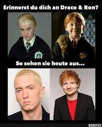 Das Bild zeigt vier Fotos. Oben links ein Foto von Draco Malfoy als Kind aus den Harry Potter Filmen. Oben rechts ein Foto von Ron Weasley ebenfalls als Kind. Darunter sind zwei Fotos von Eminem links und Ed Sheeran rechts. Unter den Kinderfotos steht: "Erinnerst du dich an Draco & Ron?" und unter den Erwachsenenfotos steht: "So sehen sie heute aus..."