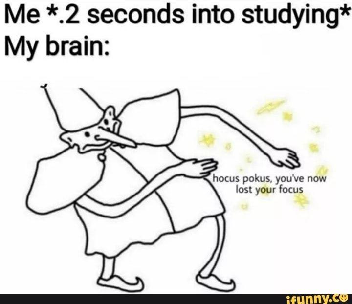 Me *.2 seconds into studying*
My brain:
hocus pokus, you've now
lost your focus
ifunny.co