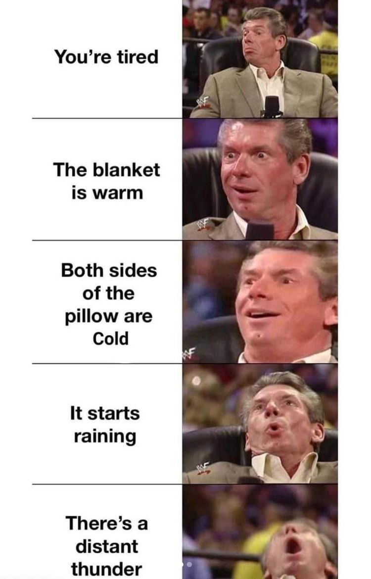 The image shows a series of five screenshots of Vince McMahon's face, each expressing a different level of excitement or happiness. The top one is the least happy face with the text "You're tired", followed by the next face that looks more excited with "The blanket is warm". Then there is the third with "Both sides of the pillow are cold" and the fourth with "It starts raining". The last and most enthusiastic face shows up with the caption "There's a distant thunder".