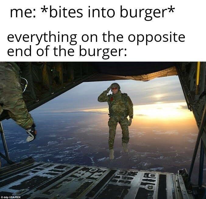 me: *bites into burger*
everything on the opposite
end of the burger:
Ⓒddp USA/REX
919