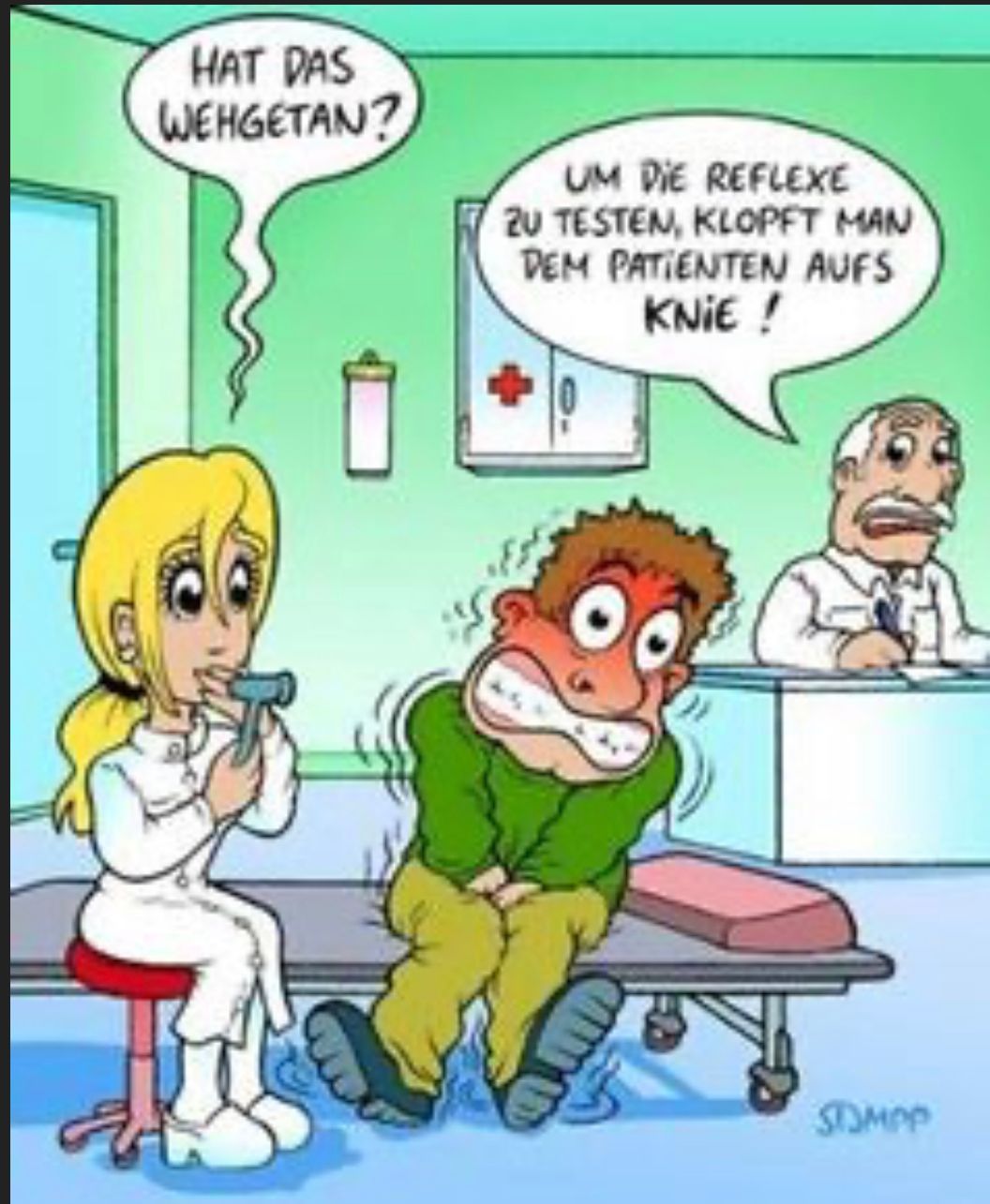 HAT DAS
WEHGETAN?
UM DIE REFLEXE
2U TESTEN, KLOPFT MAN
DEM PATIENTEN AUFS
KNIE !
STOMPP