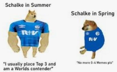 Schalke in Summer
RIV
"I usually place Top 3 and
am a Worlds contender"
Schalke in Spring
R+V
"No more 0-4 Memes pis