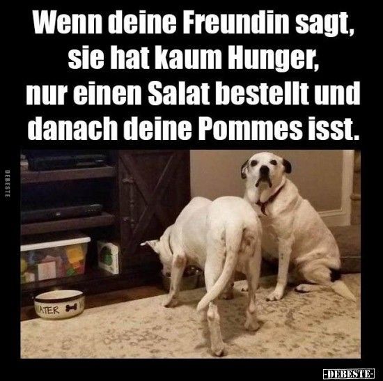 DEBESTE
Wenn deine Freundin sagt,
sie hat kaum Hunger,
nur einen Salat bestellt und
danach deine Pommes isst.
ATER
-DEBESTE-