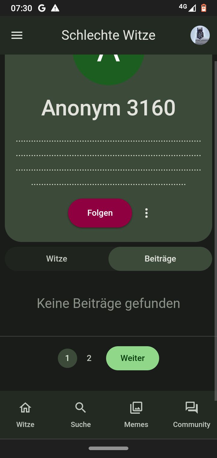 07:30 G A
Witze
Schlechte Witze
Anonym 3160
Witze
Folgen
1 2
:
Suche
Keine Beiträge gefunden
Beiträge
Weiter
4G
Memes
8
Community