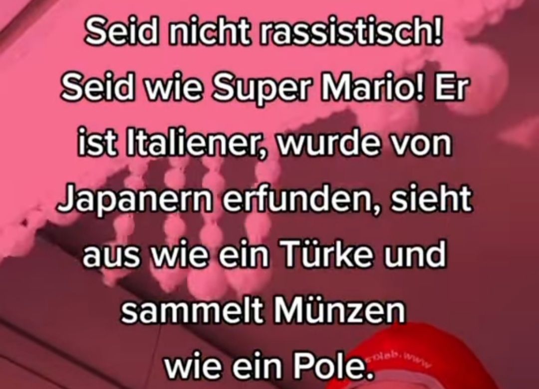 Seid nicht rassistisch!
Seid wie Super Mario! Er
ist Italiener, wurde von
Japanern erfunden, sieht
aus wie ein Türke und
sammelt Münzen
wie ein Pole.