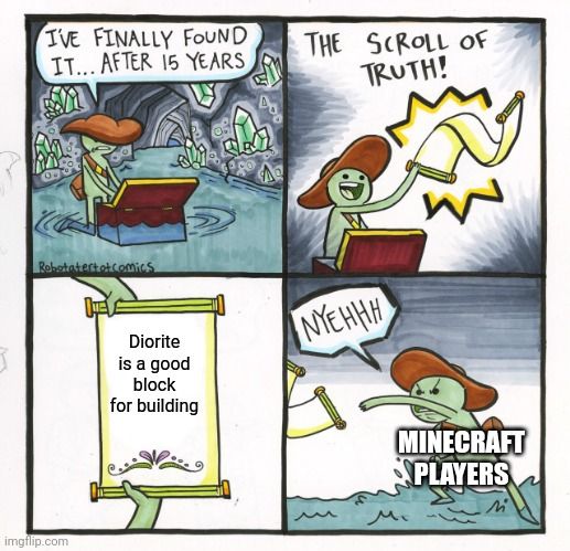 I'VE FINALLY FOUND
IT... AFTER 15 YEARS
Robotatertotcomics
imgflip.com
Diorite
is a good
block
for building
A
THE SCROLL OF
TRUTH!
NYEHHH
MINECRAFT
PLAYERS
Sum
Mi