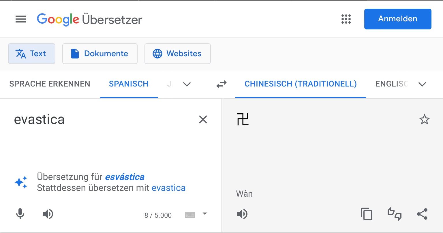 = Google Übersetzer
XA Text
Dokumente
SPRACHE ERKENNEN
evastica
SPANISCH
Websites
Übersetzung für esvástica
Stattdessen übersetzen mit evastica
8/5.000
X
CHINESISCH (TRADITIONELL)
2
Wàn
D
Anmelden
ENGLISC
☆
B4 <