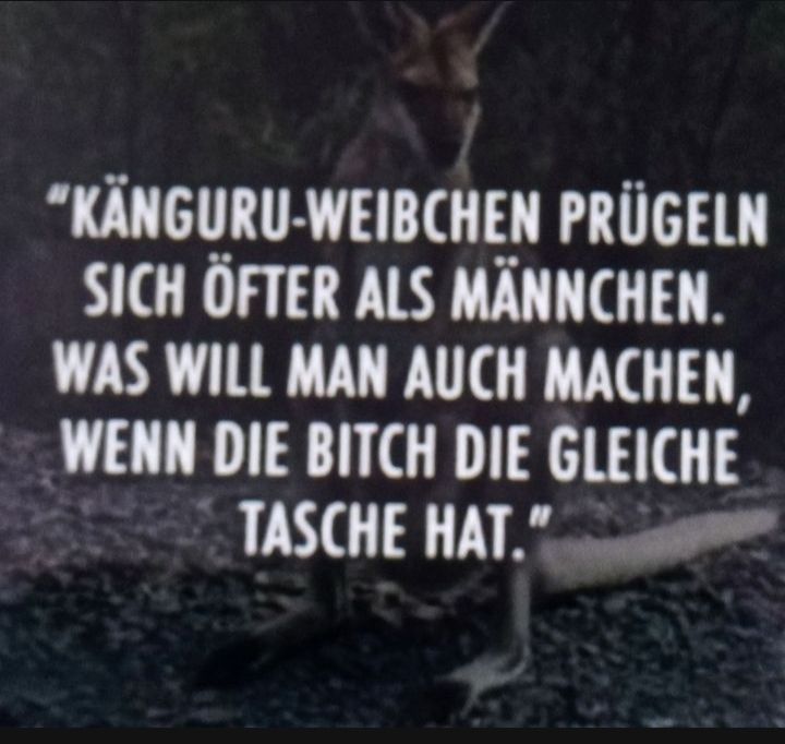 "KÄNGURU-WEIBCHEN PRÜGELN
SICH ÖFTER ALS MÄNNCHEN.
WAS WILL MAN AUCH MACHEN,
WENN DIE BITCH DIE GLEICHE
TASCHE HAT."