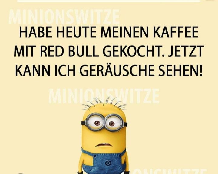 MINIONSWITZE
HABE HEUTE MEINEN KAFFEE
MIT RED BULL GEKOCHT. JETZT
KANN ICH GERÄUSCHE SEHEN!
MINIONWITZE