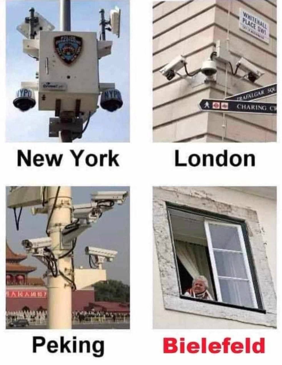 Das Bild zeigt vier Fotos, die jeweils Überwachungskameras in verschiedenen Städten darstellen. Oben links ist New York mit mehreren Kameras an einem Mast, oben rechts London mit Kameras an einer Hausecke, unten links Peking mit einer Ansammlung von Kameras an einem Mast und unten rechts Bielefeld mit einer älteren Dame, die aus dem Fenster schaut. Unter jedem Bild steht der jeweilige Ortsname.