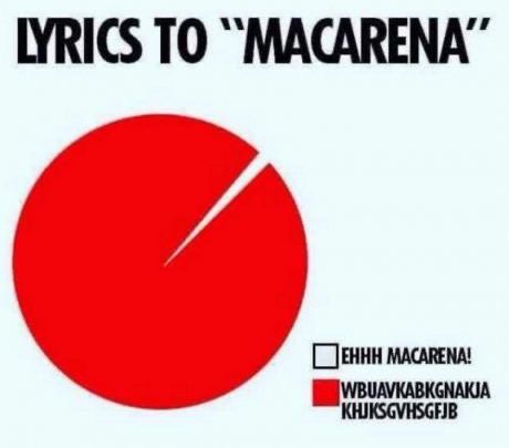 Ein Tortendiagramm zeigt die Texte des Liedes "Macarena". Ein kleiner Teil in Weiss ist mit "EHHH MACARENA!" beschriftet, der Rest in Rot mit "WBUAVKABKGNAKJA KHUKSGVHSGFJB". Der Titel des Diagramms lautet "LYRICS TO 'MACARENA'".