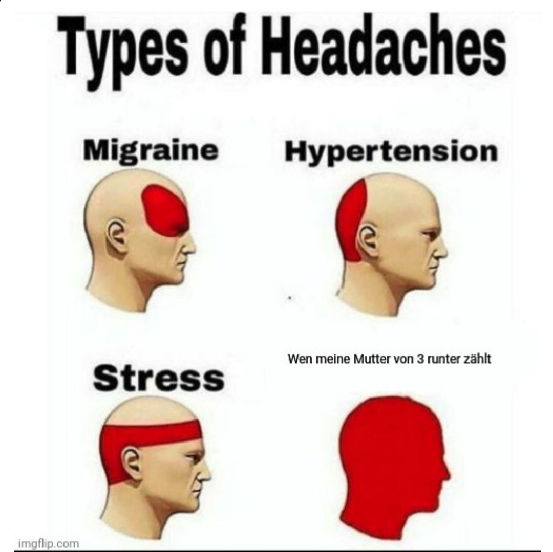 Types of Headaches
Migraine Hypertension
imgflip.com
Stress
Wen meine Mutter von 3 runter zählt