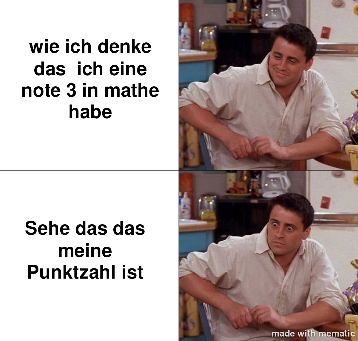 wie ich denke
das ich eine
note 3 in mathe
habe
Sehe das das
meine
Punktzahl ist
made with mematic