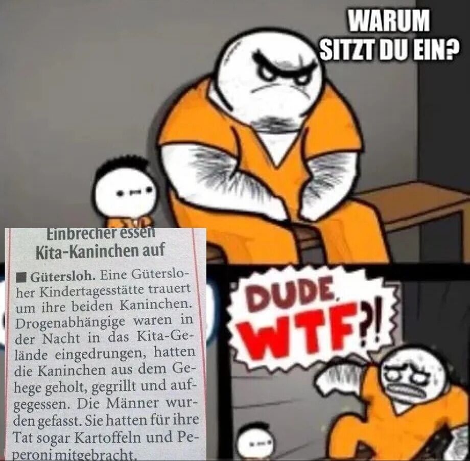 Einbrecher essen
Kita-Kaninchen auf
Gütersloh. Eine Güterslo-
her Kindertagesstätte trauert
um ihre beiden Kaninchen.
Drogenabhängige waren in
der Nacht in das Kita-Ge-
lände eingedrungen, hatten
die Kaninchen aus dem Ge-
hege geholt, gegrillt und auf-
gegessen. Die Männer wur-
den gefasst. Sie hatten für ihre
Tat sogar Kartoffeln und Pe-
peroni mitgebracht.
X
WARUM
SITZT DU EIN?
DUDE
WTF?!