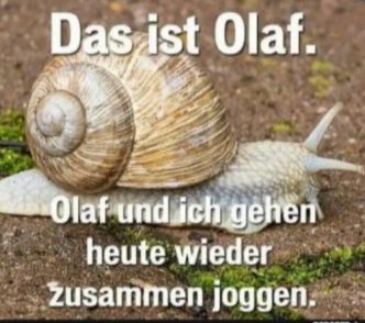 Eine Nahaufnahme einer Schnecke. Der Text lautet "Das ist Olaf. Olaf und ich gehen heute wieder zusammen joggen."