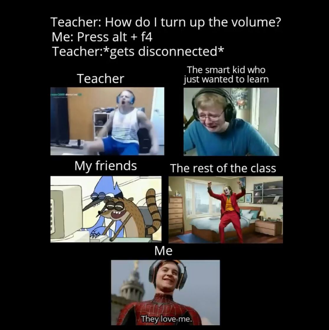 Teacher: How do I turn up the volume?
Me: Press alt + f4
Teacher:*gets disconnected*
Teacher
2008 HE
My friends
1₂
The smart kid who
just wanted to learn
The rest of the class
Me
ATHODY
They love me.