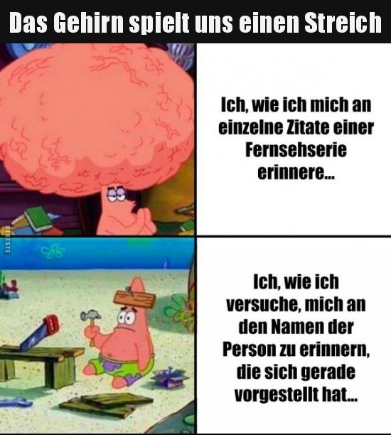 Das Gehirn spielt uns einen Streich
BESTE
مت
Ich, wie ich mich an
einzelne Zitate einer
Fernsehserie
erinnere...
Ich, wie ich
versuche, mich an
den Namen der
Person zu erinnern,
die sich gerade
vorgestellt hat...