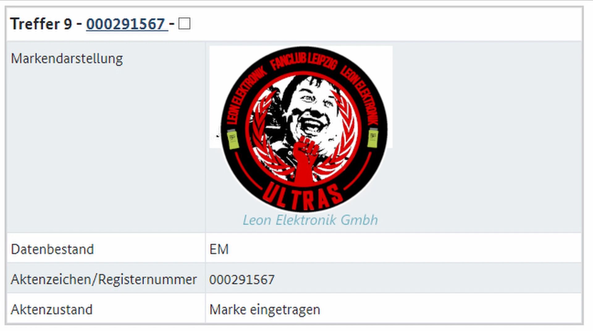 Treffer 9-000291567-0
Markendarstellung
Datenbestand
Aktenzeichen/Registernummer
Aktenzustand
EM
FANCLUB LEIPZIC
HANDELETTER NORT
LEON ELEKTRONIK
ULTRAS
Leon Elektronik Gmbh
000291567
Marke eingetragen