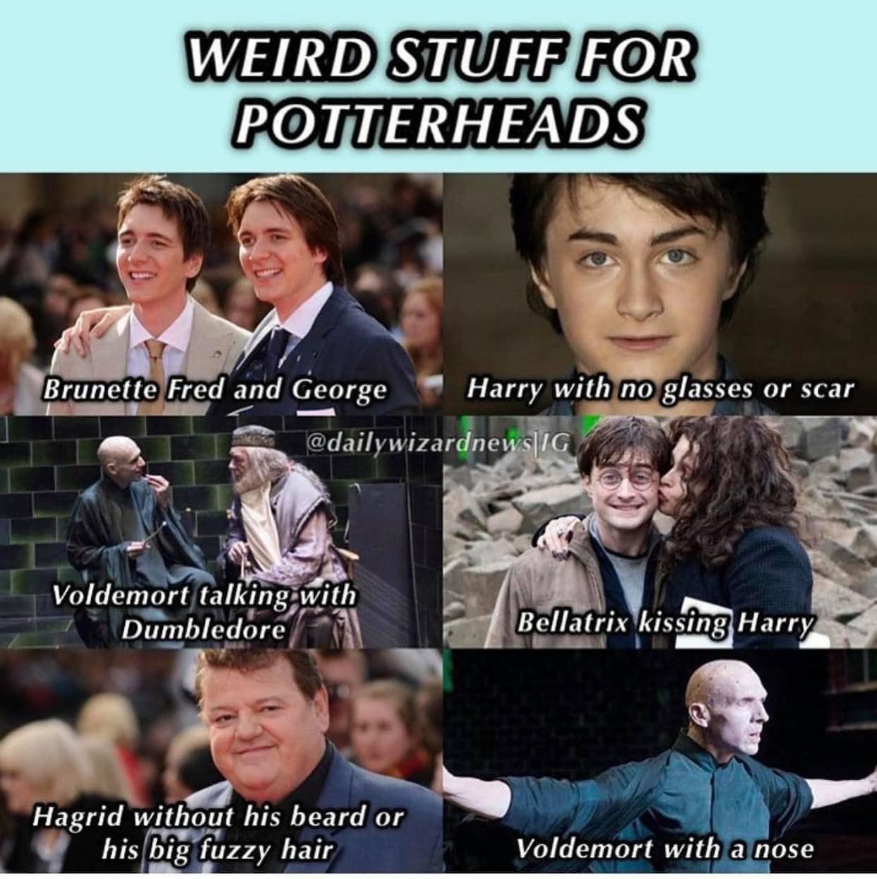 WEIRD STUFF FOR
POTTERHEADS
Brunette Fred and George Harry with no glasses or scar
@dailywizardnews IG
Voldemort talking with
Dumbledore
Hagrid without his beard or
his big fuzzy hair
Bellatrix kissing Harry
Voldemort with a nose