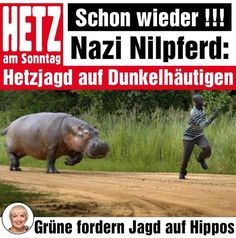 Ein Nilpferd läuft auf einer staubigen Straße. Im Hintergrund rennt eine dunkelhäutige Person weg. Der Text im Bild lautet: "Schon wieder!!! Nazi Nilpferd: Hetzjagd auf Dunkelhäutigen". Darunter ist ein Bild einer Frau zu sehen und der Text: "Grüne fordern Jagd auf Hippos".