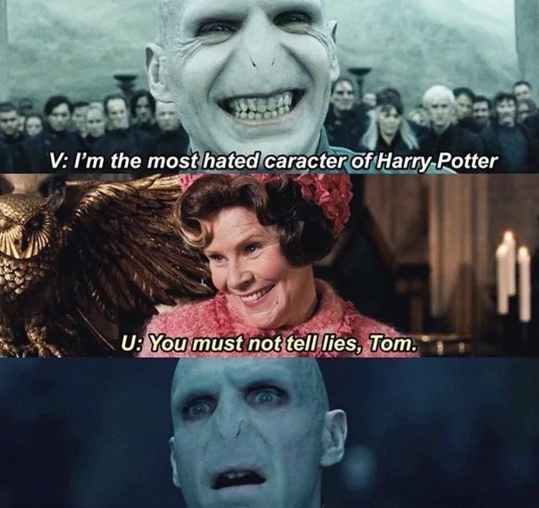 V: I'm the most hated caracter of Harry Potter
U: You must not tell lies, Tom.