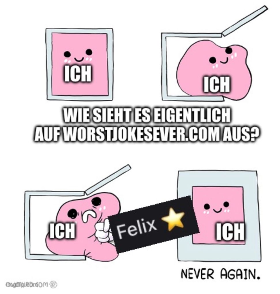 ICH
ICH
WIE SIEHT ES EIGENTLICH
AUF WORSTJOKESEVER.COM AUS?
DagpleDodom
ICH
Felix
ICH
NEVER AGAIN.