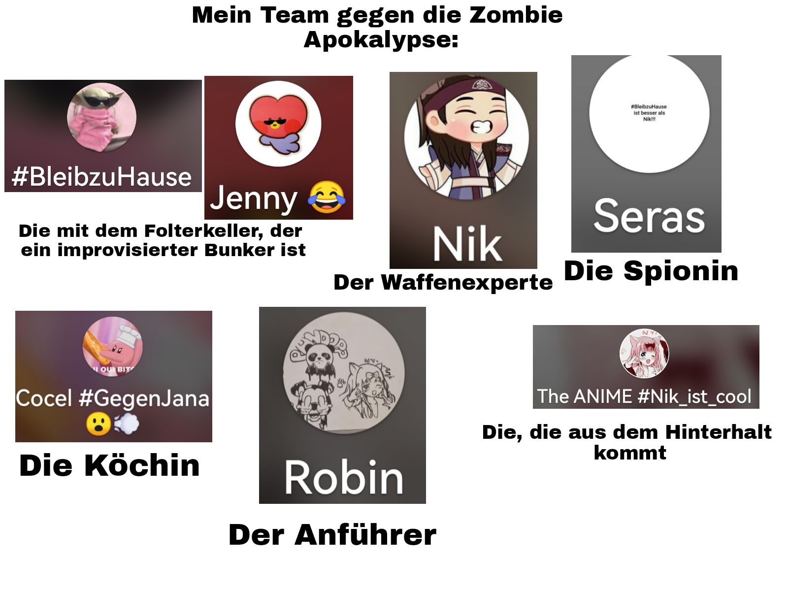 Das Bild zeigt eine Aufstellung eines Teams gegen eine Zombie-Apokalypse. Die Teammitglieder sind: Jenny, die einen Folterkeller als Bunker hat; Nik, der Waffenexperte; Seras, die Spionin; Cocel, die Köchin; Robin, der Anführer; und eine weitere Person, die aus dem Hinterhalt kommt. Jedes Mitglied hat ein Profilbild und eine Beschreibung.