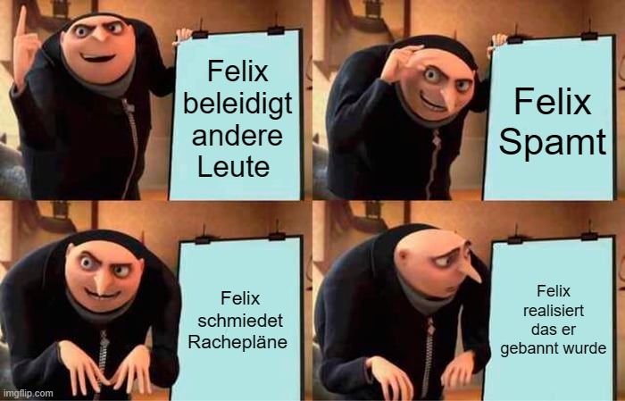 
M
Felix
beleidigt
andere
Leute
Felix
Spamt
Felix
schmiedet
Rachepläne
Felix
realisiert
das er
gebannt wurde