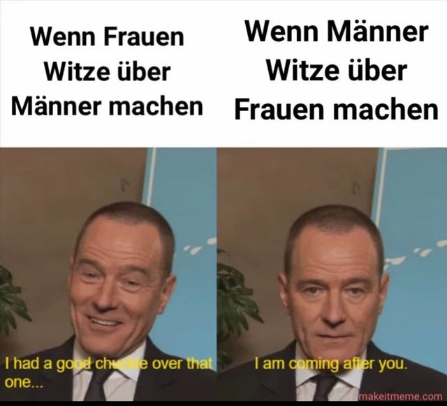 Wenn Frauen
Wenn Männer
Witze über
Witze über
Männer machen Frauen machen
I had a good che over that
one...
I am coming after you.
makeitmeme.com