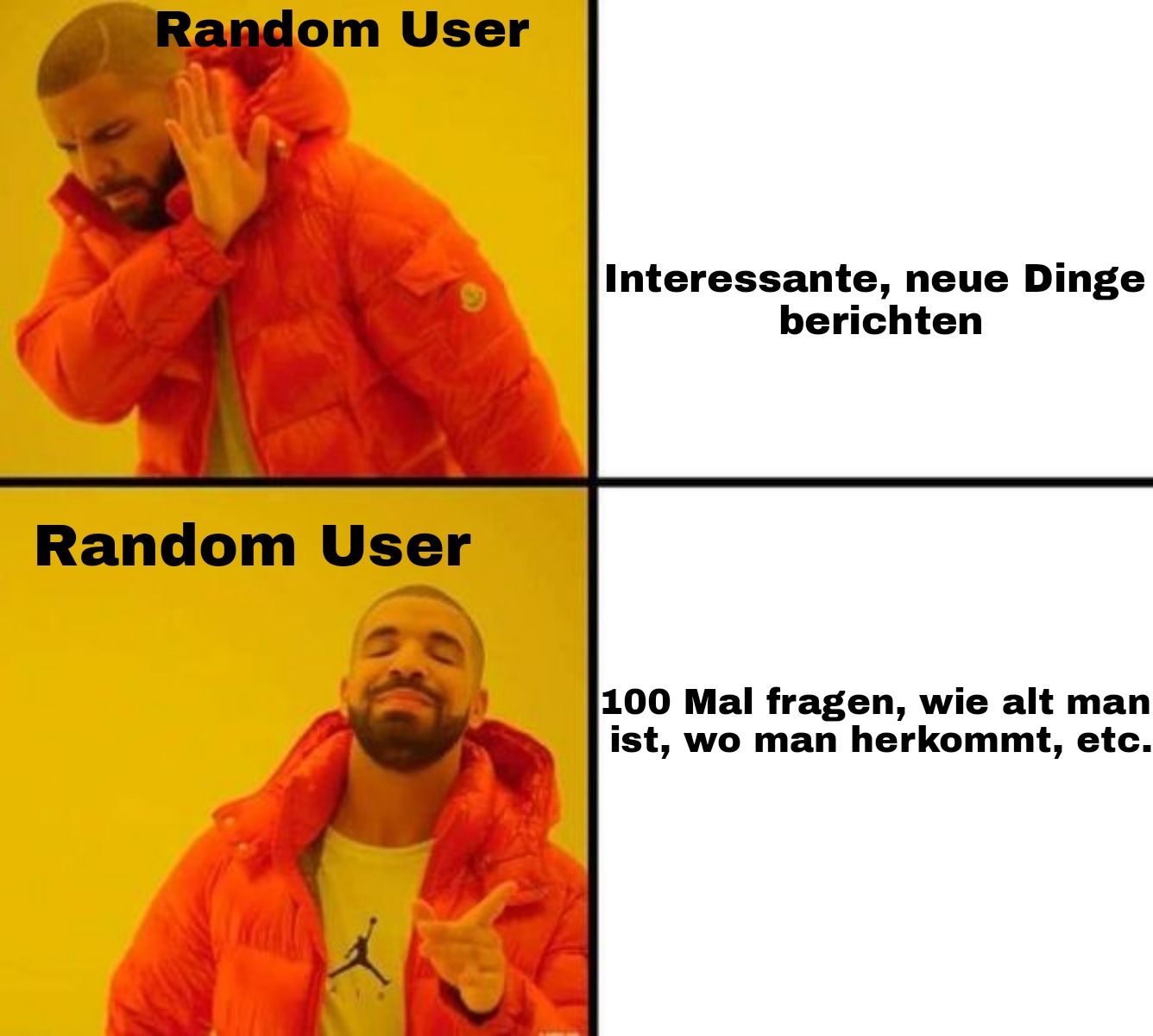 Random User
Random User
Wall X
Interessante, neue Dinge
berichten
100 Mal fragen, wie alt man
ist, wo man herkommt, etc.