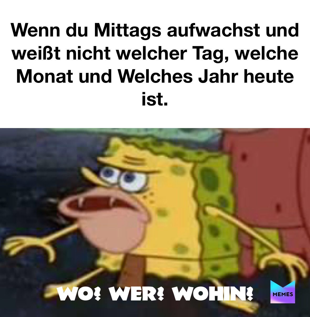 Wenn du Mittags aufwachst und
weißt nicht welcher Tag, welche
Monat und Welches Jahr heute
ist.
WO! WER! WOHIN!
MEMES