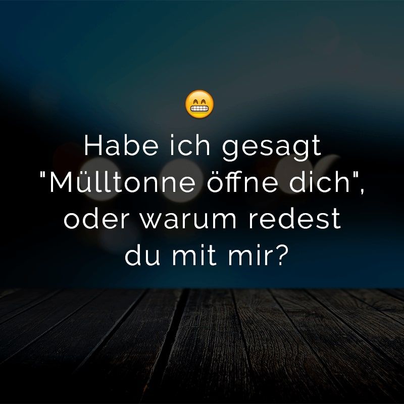 Ein Bild mit einem dunklen Hintergrund und einer holzartigen Tischplatte im unteren Bildbereich. In der Mitte steht der Text: "Habe ich gesagt "Mülltonne öffne dich", oder warum redest du mit mir?" Darüber befindet sich ein Emoji mit einem grinsenden Gesicht.