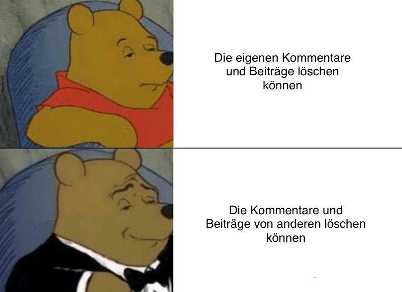 Die eigenen Kommentare
und Beiträge löschen
können
Die Kommentare und
Beiträge von anderen löschen
können