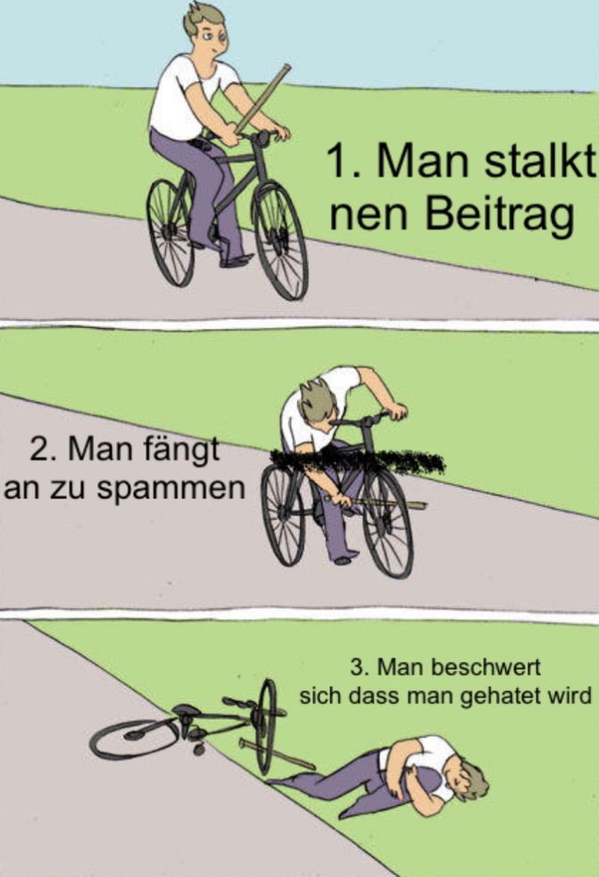 2. Man fängt
an zu spammen
1. Man stalkt
nen Beitrag
3. Man beschwert
sich dass man gehatet wird