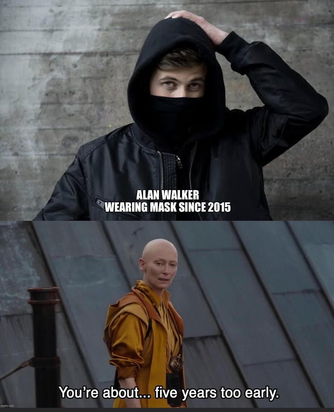 imgflip.com
ALAN WALKER
WEARING MASK SINCE 2015
You're about... five years too early.