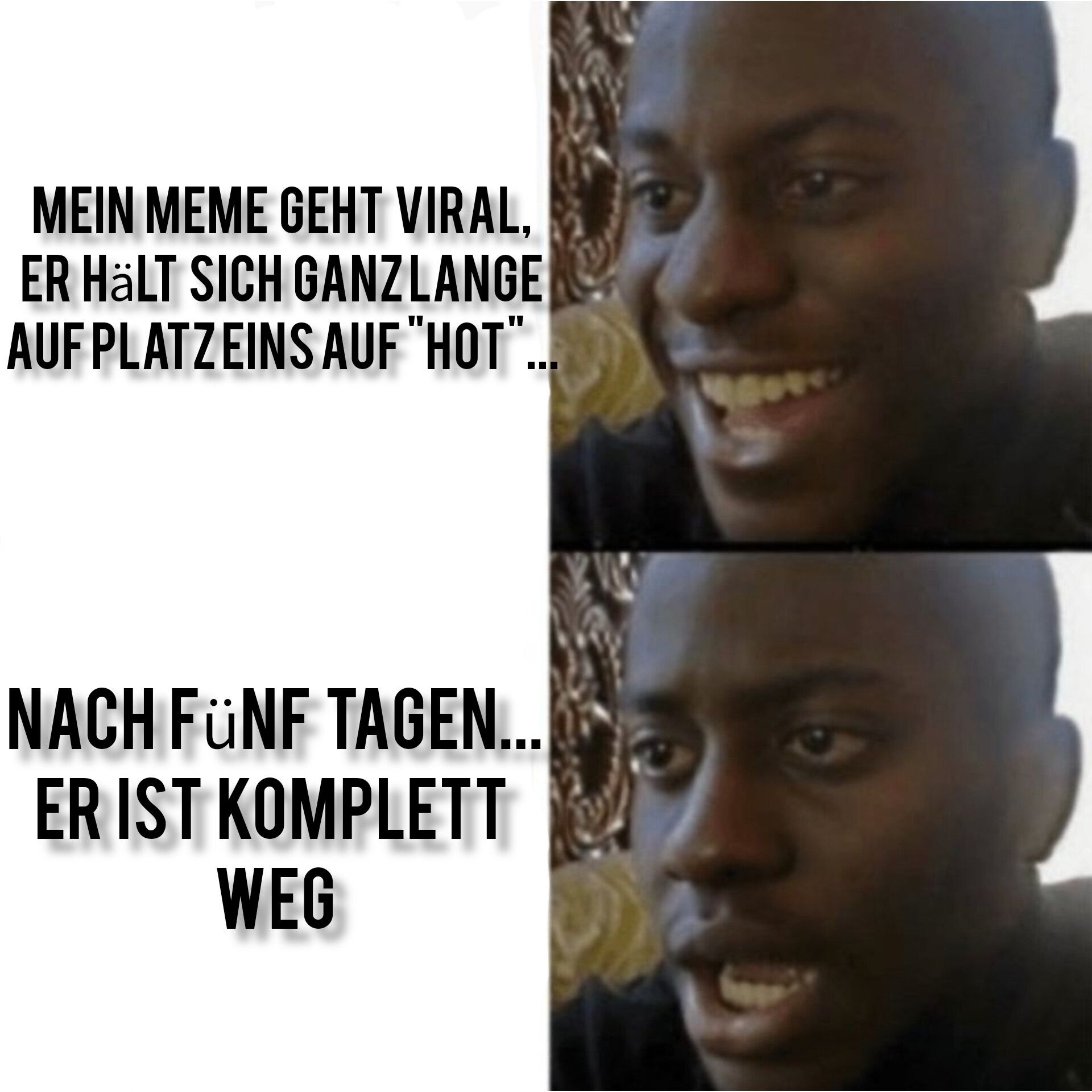 MEIN MEME GEHT VIRAL,
ER HÄLT SICH GANZLANGE
AUF PLATZEINS AUF "HOT".
NACH FÜNF TAGEN...
ER IST KOMPLETT
WEG
100