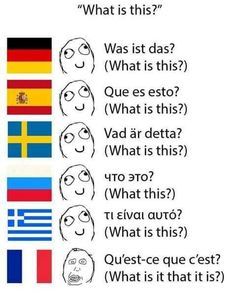 !!!
"What is this?"
S
S
(69)
Was ist das?
(What is this?)
Que es esto?
(What is this?)
Vad är detta?
(What is this?)
что это?
(What this?)
τι είναι αυτό?
(What is this?)
Qu'est-ce que c'est?
(What is it that it is?)