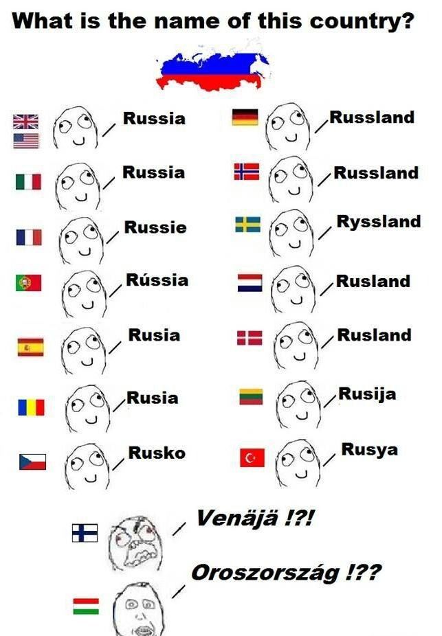 What is the name of this country?
B
89
60%
53%
3
Russia
Russia
Russie
Rússia
Rusia
Rusia
Rusko
09)
59
59.
3
3
Venäjä !?!
Russland
Russland
Ryssland
Rusland
Rusland
Rusija
Rusya
Oroszország !??