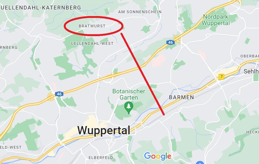 UELLENDAHL-KATERNBERG
RNBERG
ELD-WEST
46
BRATWURST
UELLENDAHL-WEST
AM SONNENSCHEIN
Botanischer
Garten
Wuppertal
ELBERFELD
46
BARMEN
Google
Nordpark
Wuppertal
OBERBAR
Sehlh
HECKI